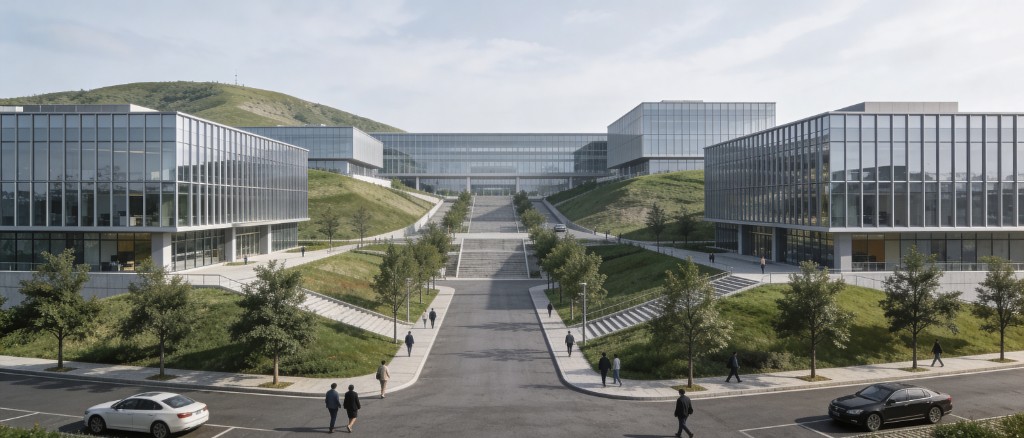 现代化产业园区玻璃建筑群与绿地景观