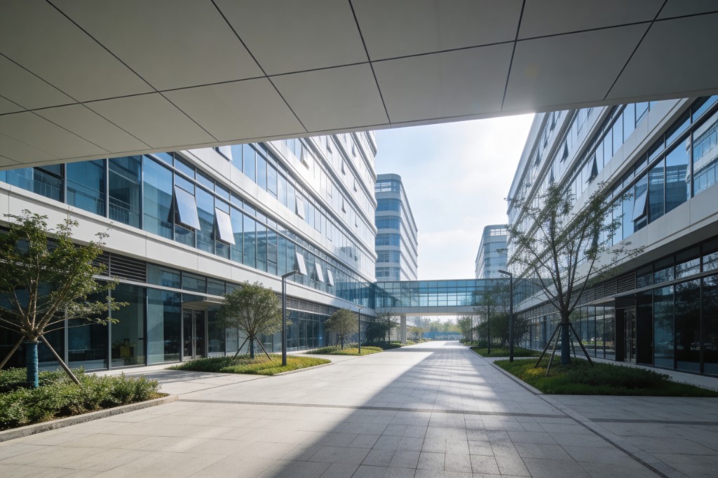 现代化产业园区玻璃建筑群与空中连廊